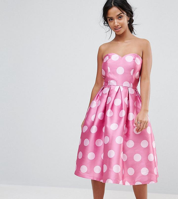 Chi Chi London Petite Structured Bandeau Midi Dress In Polkadot - Pink
