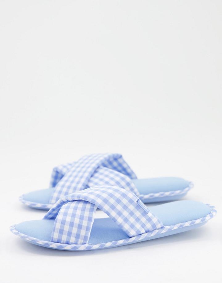 Totes Gingham Cross Strap Slippers In Blue-blues