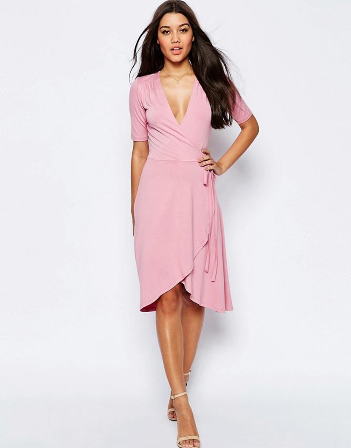 Asos Midi Tea Dress With Wrap Front - Soft Pink
