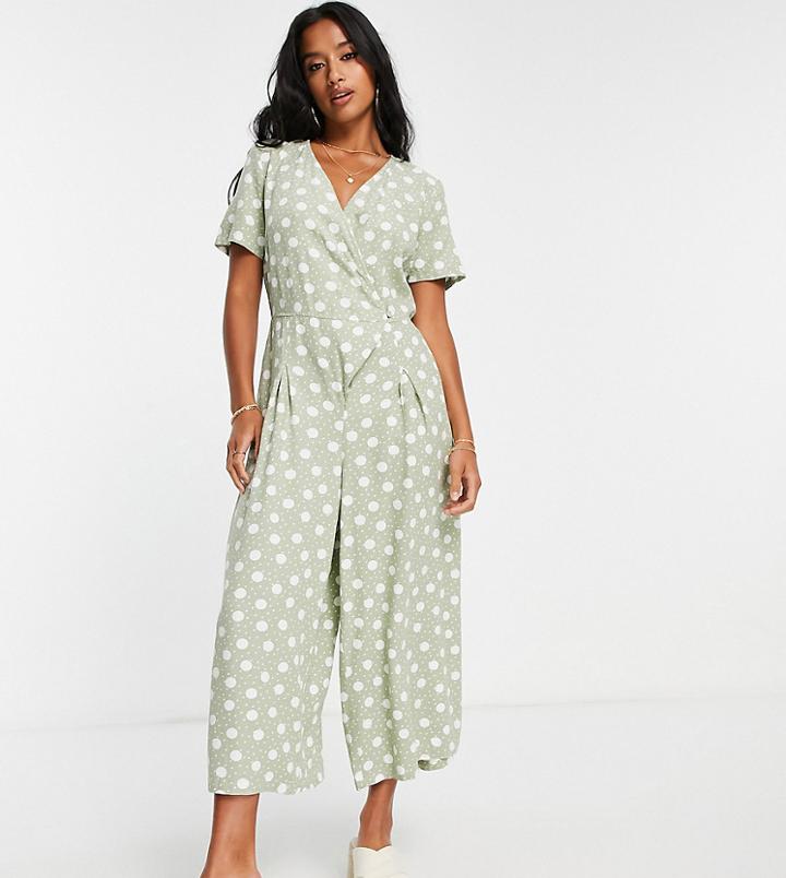 Vero Moda Petite Wrap Front Jumpsuit In Sage Dot-green