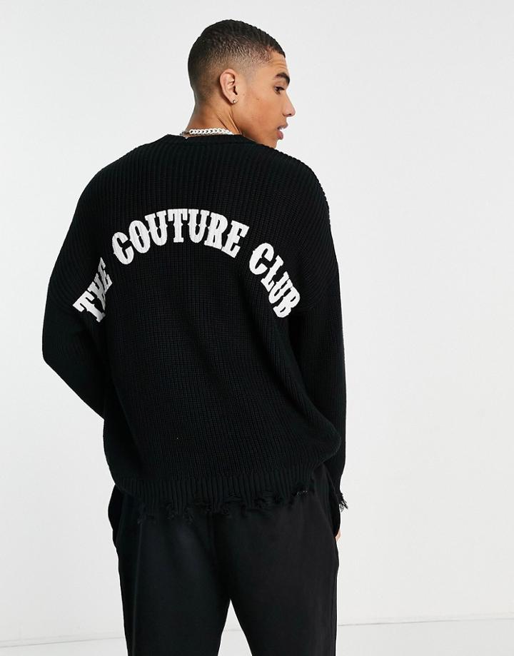 The Couture Club Sweater In Black With Back Print And Distressed Hem