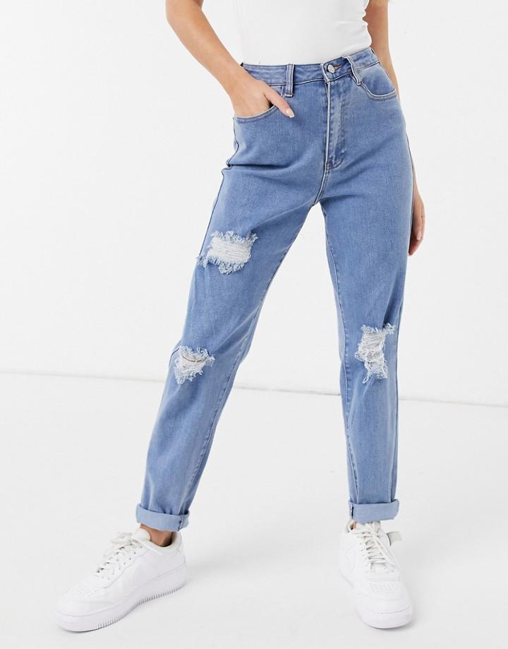 Missguided Mom Jean With Rips In Blue-blues