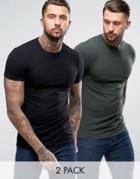 Asos 2 Pack Muscle Fit T-shirt In Black/green With Crew Neck Save - Multi