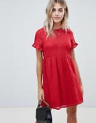 Asos Design Smock Mini Dress In Grid Texture With Frill Sleeve - Red