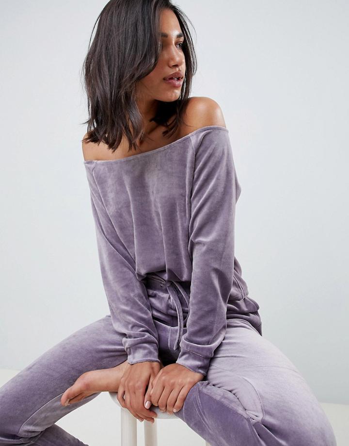Asos Design Lounge Velour Off Shoulder Sweat - Gray