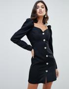 Asos Design Off Shoulder Mini Dress With Tortoiseshell Buttons And Long Sleeves - Black