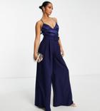 Asos Design Petite 2-in-1 Satin Cami Wide Leg Jumpsuit In Navy