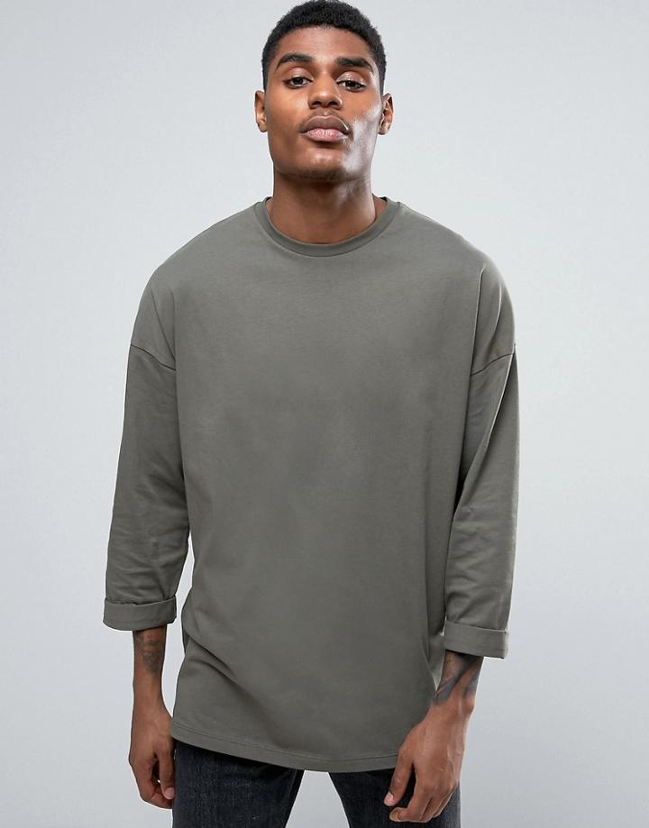 Asos Oversized Long Sleeve T-shirt With Roll Sleeve In Green - Green