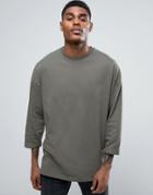 Asos Oversized Long Sleeve T-shirt With Roll Sleeve In Green - Green