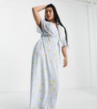 Twisted Wunder Plus Wrap Front Midi Dress In Daisy Print-blue