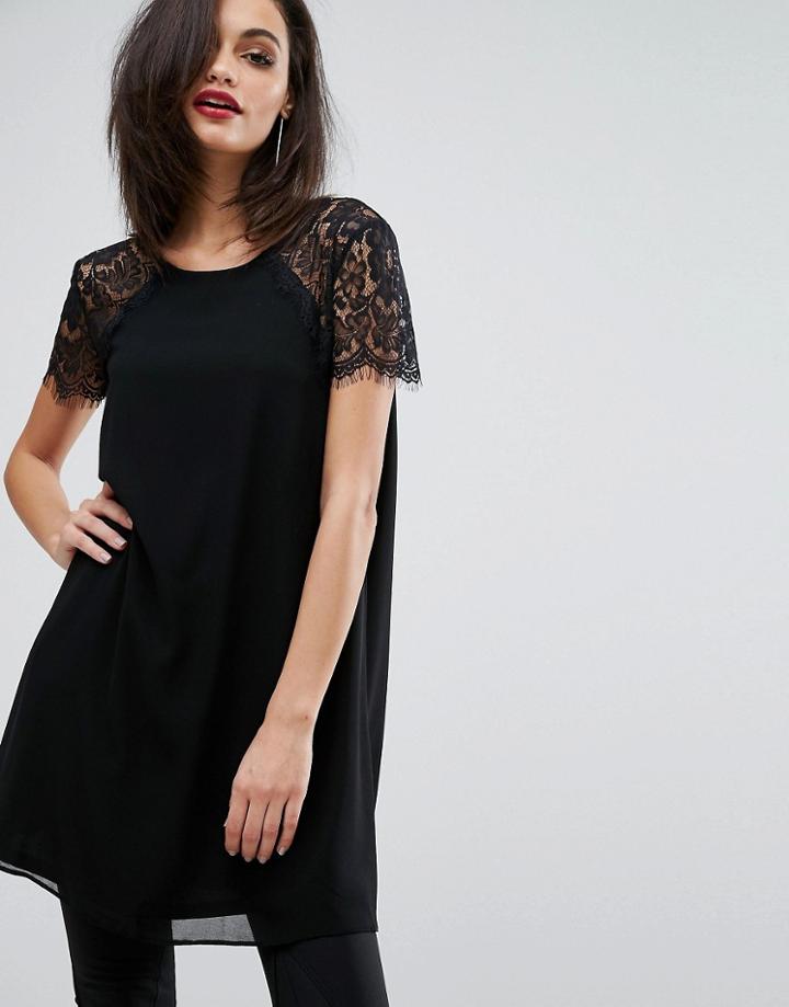 Lipsy Lace Sleeve Smock Top - Black