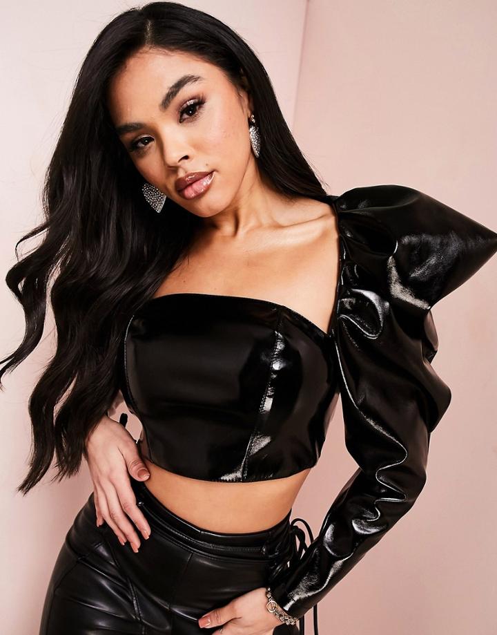 Asos Luxe Leather Look Puff Sleeve Top In Black