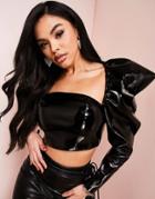 Asos Luxe Leather Look Puff Sleeve Top In Black