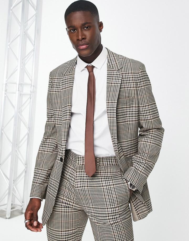 Asos Design Slim Suit Jacket In Brown Vintage Check