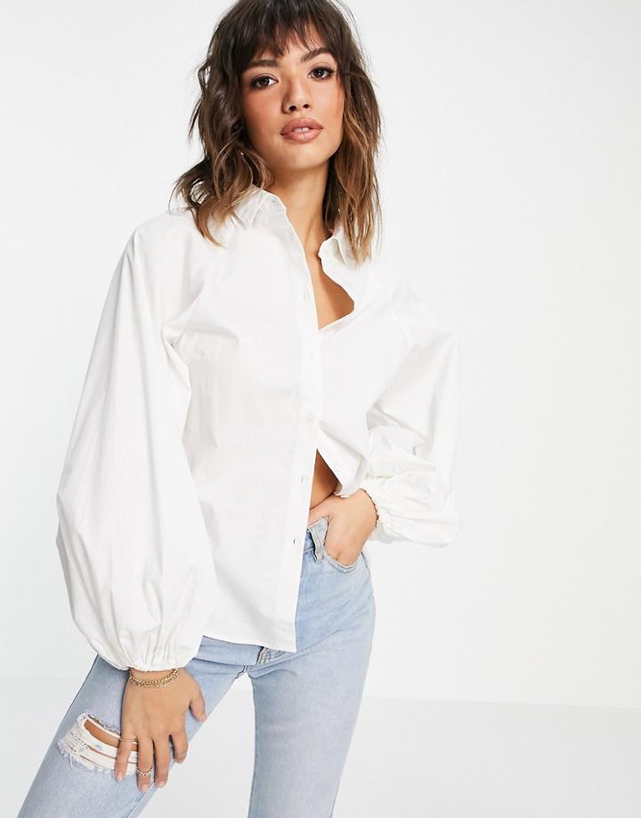 Asos Design Long Volume Sleeve Shirt In Cotton White