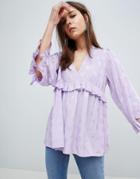 Asos Design Plunge Ruffle Smock Top In Jacquard-multi