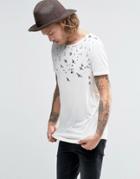 Asos Longline Muscle T-shirt With Bird Print Yoke And Curved Hem - Cream