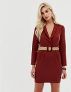 Asos Design Tux Mini Dress With Natural Buckle Belt - Red