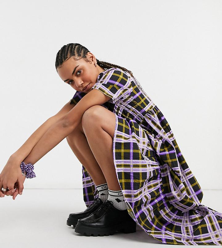 Collusion Check Seersucker Shirred Midi Smock Dress With Collar In Multi