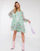 Essentiel Antwerp Vauto Floral Frill Mini Dress In Cashmere Blue-green