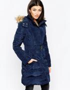 Ichi Belted Parka With Faux Fur Hood - Navy