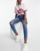 Topshop Jamie Recycled Cotton Blend Jeans With Knee Rip In Mid Blue-blues