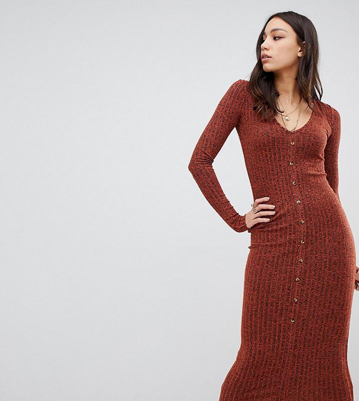 Asos Design Tall Marl Rib Button Through Midi Dress - Orange