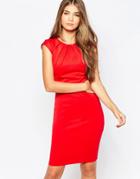 City Goddess Cap Sleeve Midi Dress With Pleated Neckline - Red