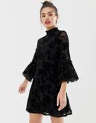 Parisian High Neck Floral Lace Dress With Flare Sleeve-black