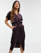 Closet London Kimono Sleeve Velvet Midi Dress With Wrap Tie In Plum-purple