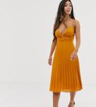 Asos Design Petite Twist Front Cami Midi Dress With Pleat Skirt - Yellow