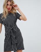 Prettylittlething Stripe Tie Waist T-shirt Dress - Beige