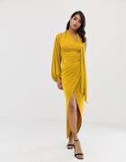 Asos Design One Shoulder Sleeve Detail Slinky Maxi Dress-yellow