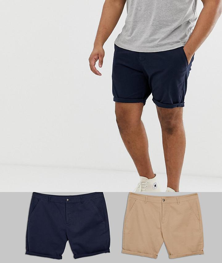 Asos Design Plus 2 Pack Slim Chino Shorts In Stone & Navy Save