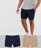 Asos Design Plus 2 Pack Slim Chino Shorts In Stone & Navy Save