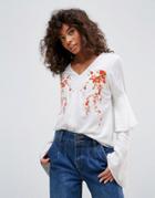 Neon Rose Embroidered Romantic Sleeve Blouse - White