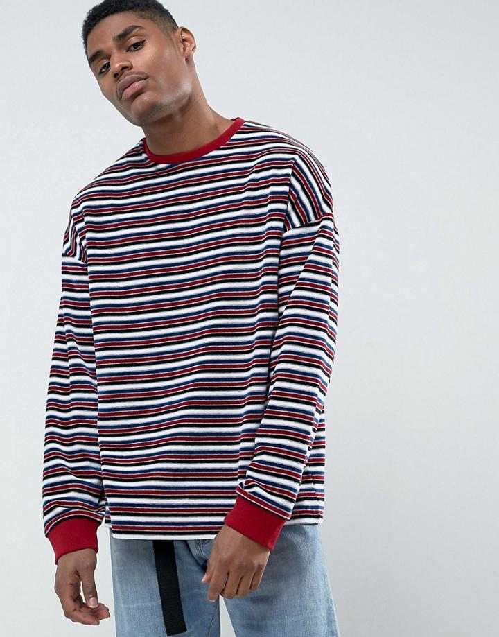 Asos Oversized Long Sleeve T-shirt In Towelling And Retro Stripe - Multi
