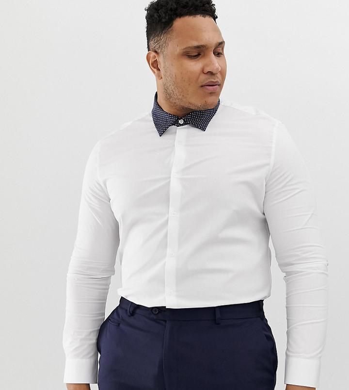 Asos Design Plus Skinny Fit Shirt In White With Contrast Navy Polka Collar - White