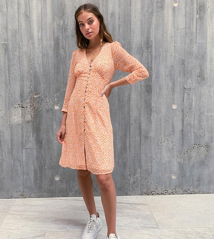 Vero Moda Petite Midi Tea Dress With Button Through In Orange Ditsy Floral-multi