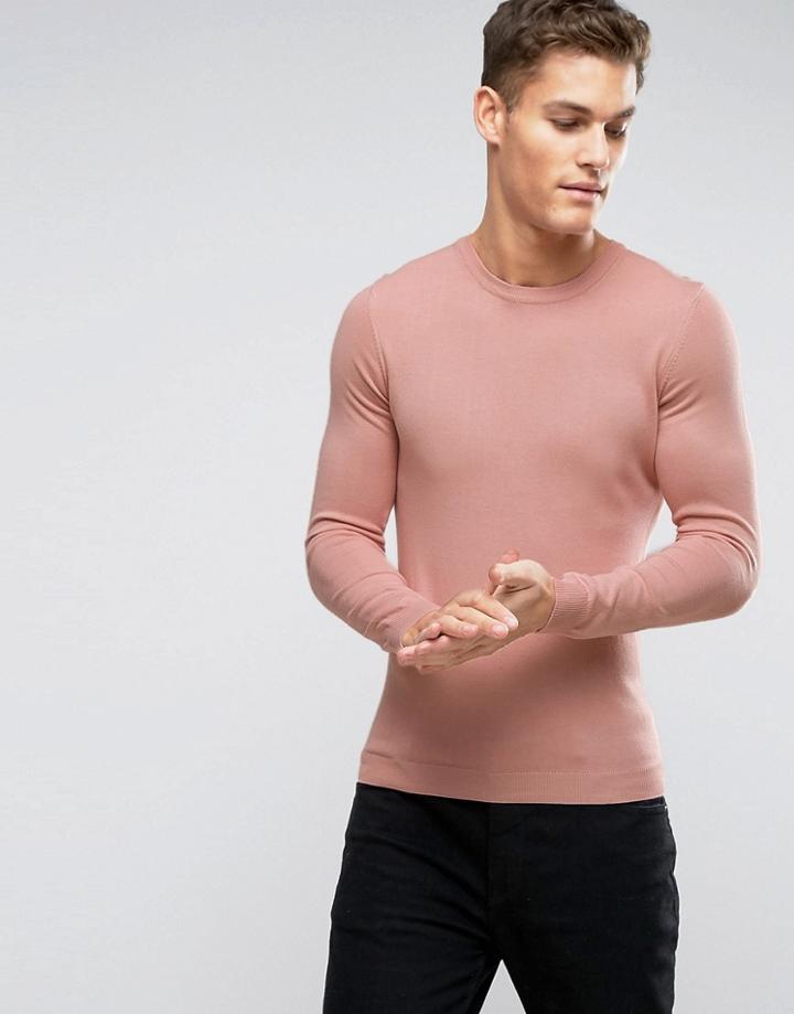 Asos Muscle Fit Cotton Crew Neck Sweater In Pink - Pink
