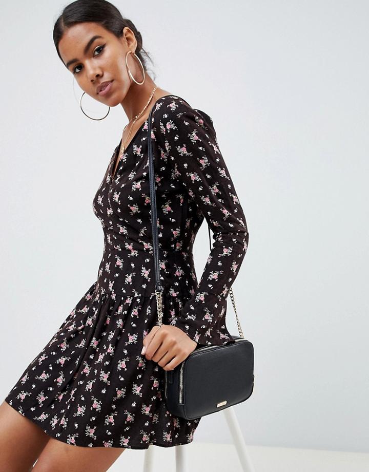 Asos Design Casual Skater Mini Dress In Washed Floral - Multi