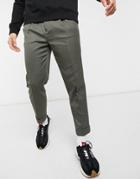 Asos Design Tapered Smart Pants With Turn Up In Green Twill