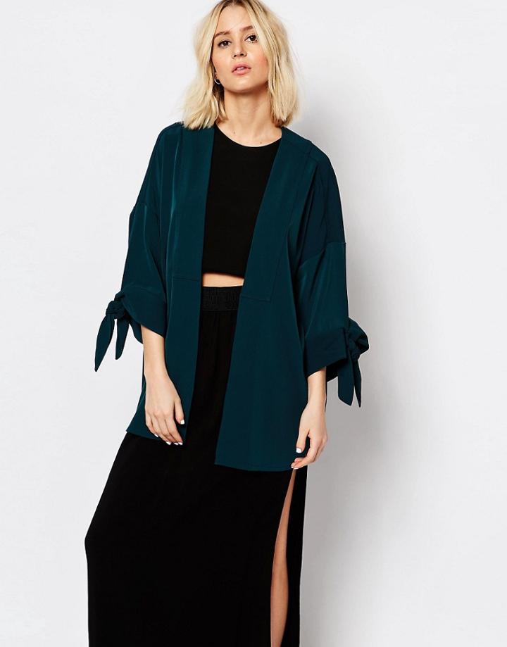 Weekday Drapey Kimono With Tie Sleeve Detail - Dark Petrol