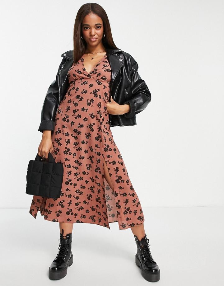 Asos Design Angel Sleeve Midi Dress In Brown Floral Print-multi