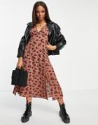 Asos Design Angel Sleeve Midi Dress In Brown Floral Print-multi