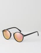 Asos Round Sunglasses In Matt Black With Rose Gold Mirror Lens - Black