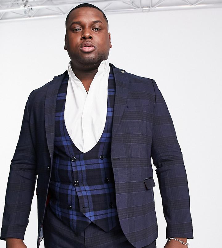 Twisted Tailor Anderson Plus Skinny Suit Jacket In Navy Plaid