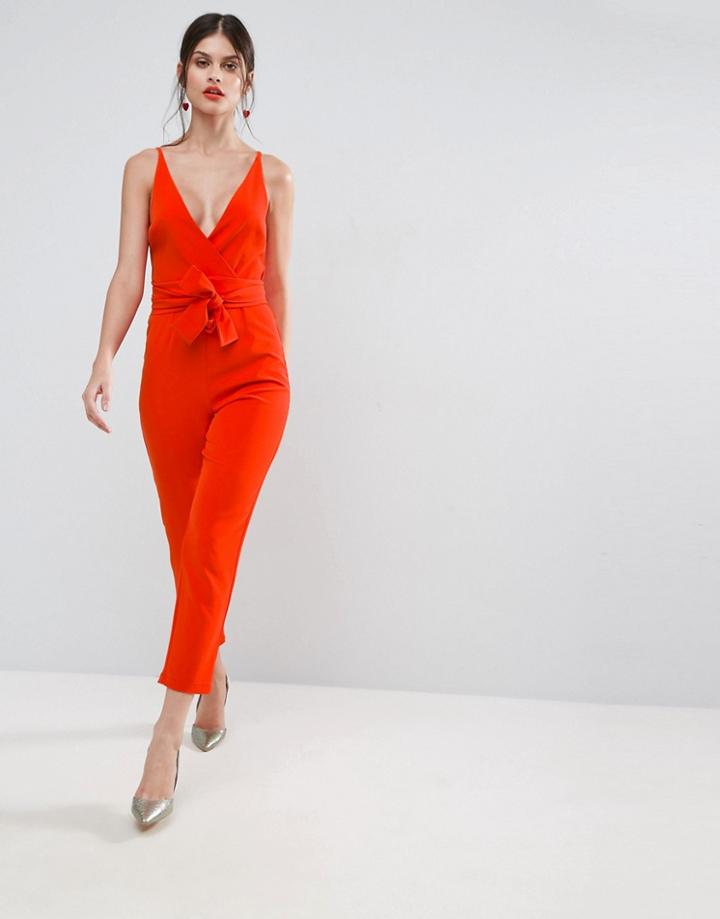 Asos Wrap Front Jumpsuit With Peg Leg And Self Belt - Red