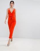 Asos Wrap Front Jumpsuit With Peg Leg And Self Belt - Red