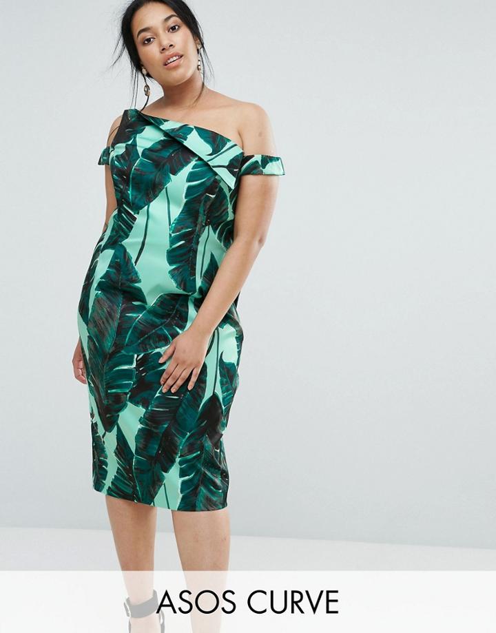 Asos Curve Palm Leaf Hitchcock Midi Pencil Dress - Multi